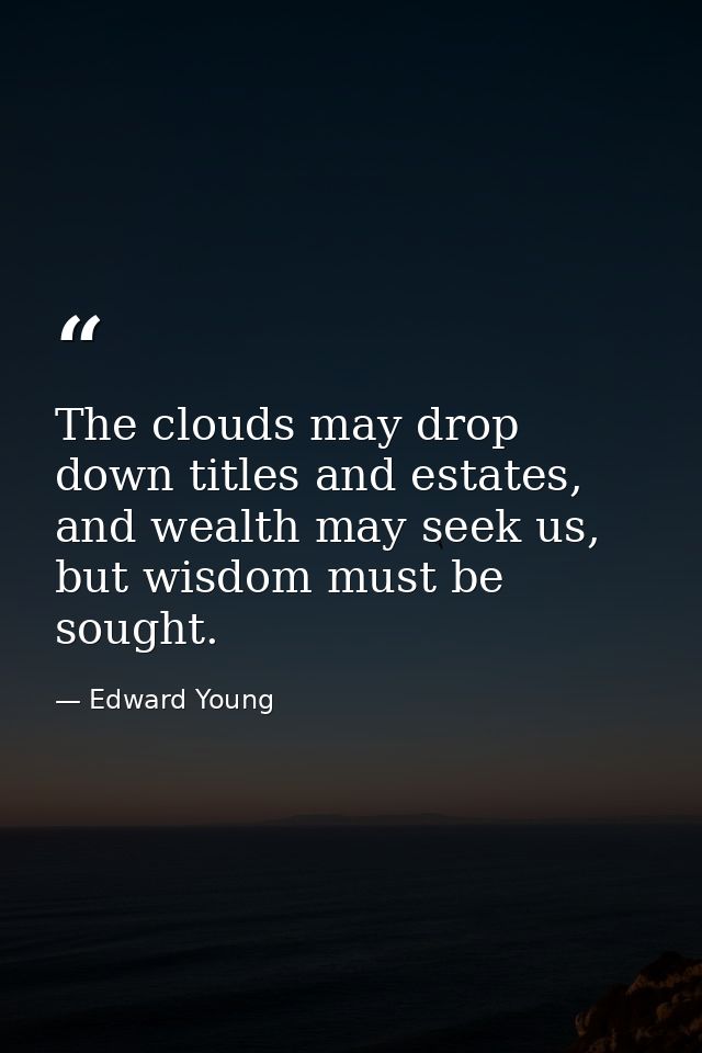 The clouds may drop down titles and estates, and wealth may seek us, but wisdom must be sought. — Edward Young