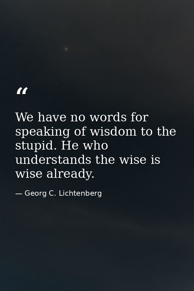 We have no words for speaking of wisdom to the stupid. He who understands the wise is wise already. — Georg C. Lichtenberg