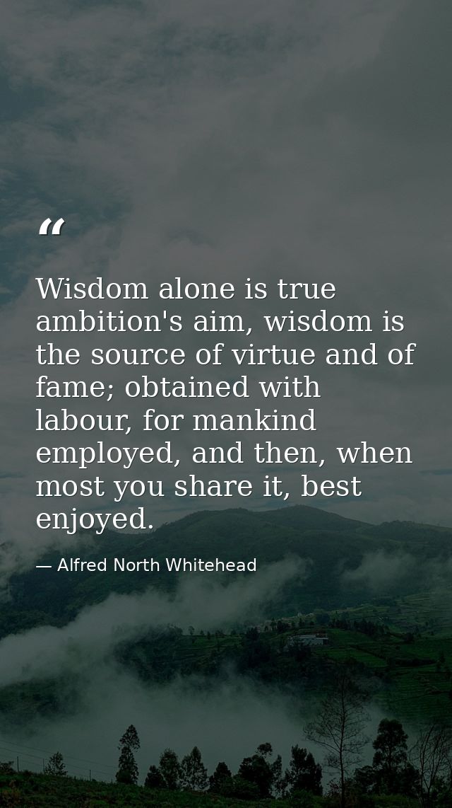 Wisdom alone is true ambition's aim, wisdom is the source of virtue and of fame; obtained with labour, for mankind emplo — Alfred North Whitehead