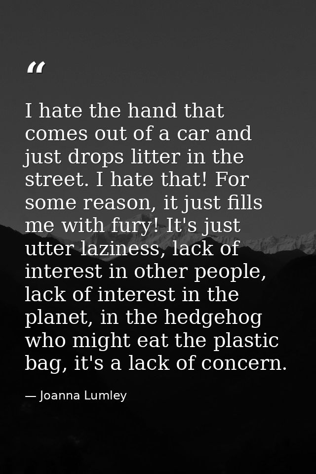 I hate the hand that comes out of a car and just drops litter in the street. I hate that! For some reason, it just fills — Joanna Lumley