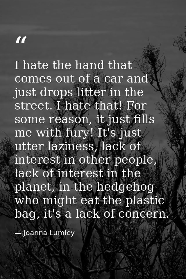 I hate the hand that comes out of a car and just drops litter in the street. I hate that! For some reason, it just fills — Joanna Lumley