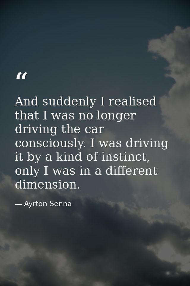 And suddenly I realised that I was no longer driving the car consciously. I was driving it by a kind of instinct, only I — Ayrton Senna