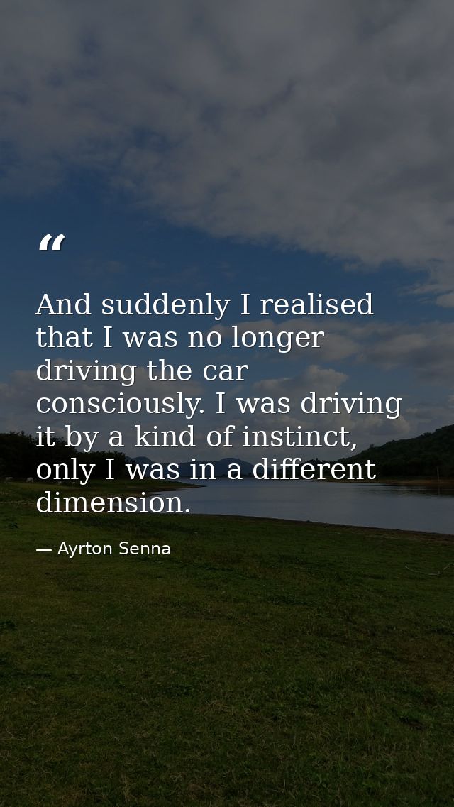And suddenly I realised that I was no longer driving the car consciously. I was driving it by a kind of instinct, only I — Ayrton Senna