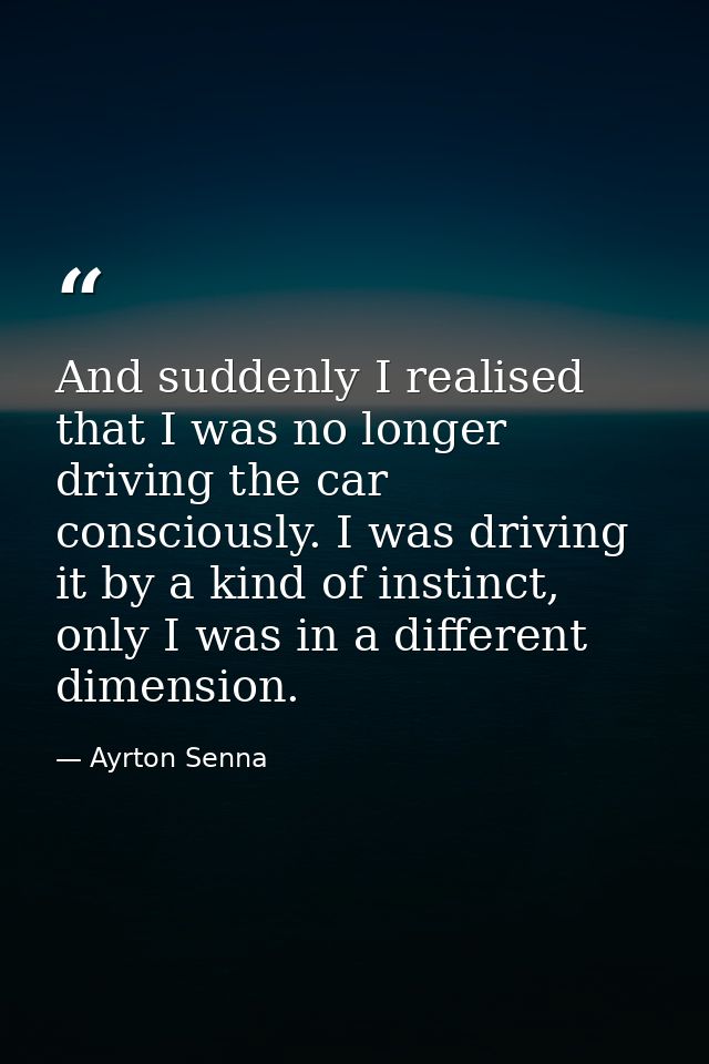And suddenly I realised that I was no longer driving the car consciously. I was driving it by a kind of instinct, only I — Ayrton Senna