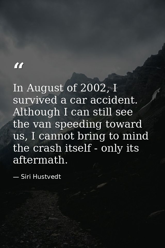 In August of 2002, I survived a car accident. Although I can still see the van speeding toward us, I cannot bring to min — Siri Hustvedt