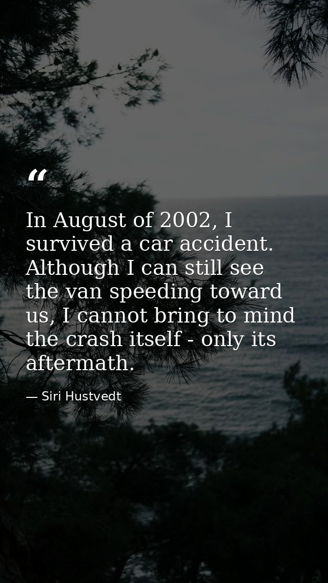 In August of 2002, I survived a car accident. Although I can still see the van speeding toward us, I cannot bring to min — Siri Hustvedt