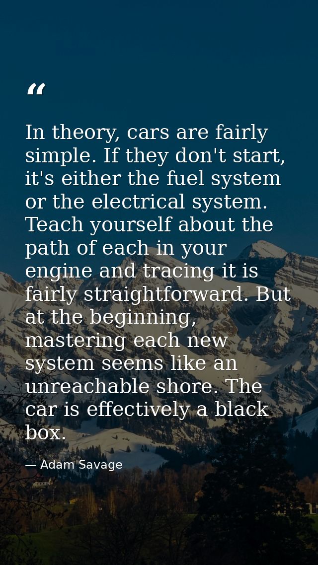 In theory, cars are fairly simple. If they don't start, it's either the fuel system or the electrical system. Teach your — Adam Savage