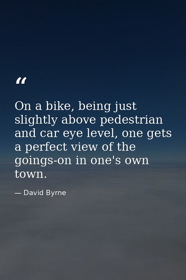 On a bike, being just slightly above pedestrian and car eye level, one gets a perfect view of the goings-on in one's own — David Byrne