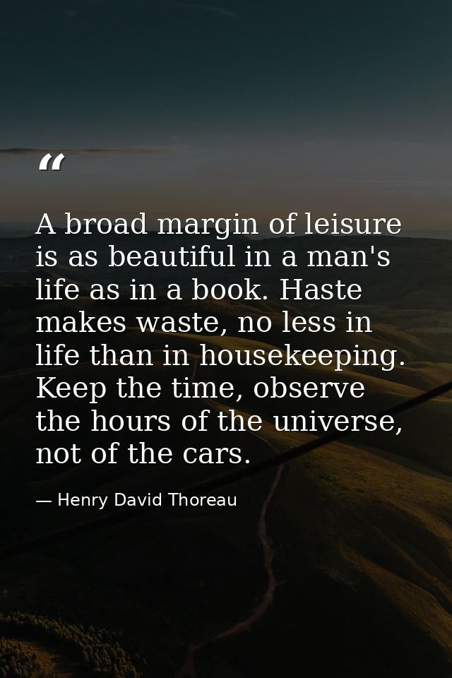 A broad margin of leisure is as beautiful in a man's life as in a book. Haste makes waste, no less in life than in house — Henry David Thoreau