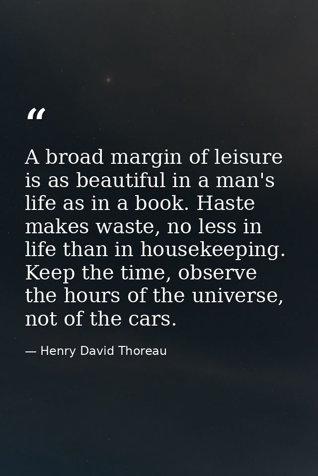 A broad margin of leisure is as beautiful in a man's life as in a book. Haste makes waste, no less in life than in house — Henry David Thoreau