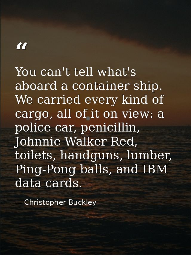 You can't tell what's aboard a container ship. We carried every kind of cargo, all of it on view: a police car, penicill — Christopher Buckley