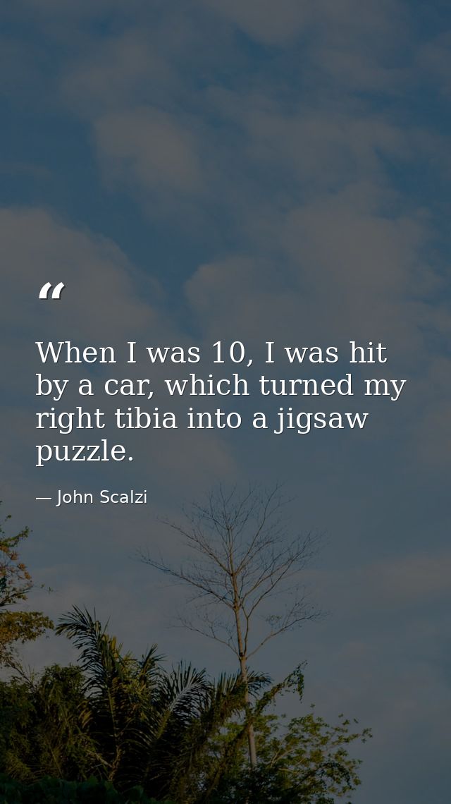 When I was 10, I was hit by a car, which turned my right tibia into a jigsaw puzzle. — John Scalzi