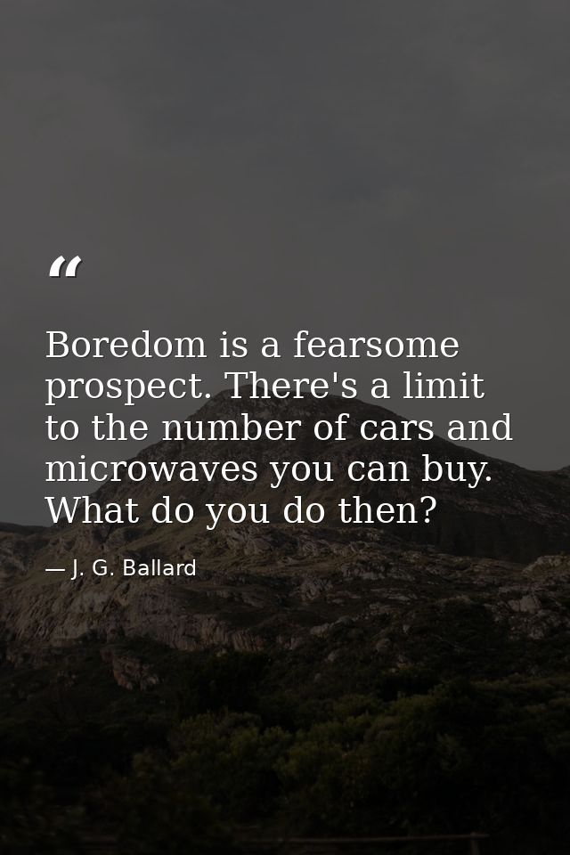 Boredom is a fearsome prospect. There's a limit to the number of cars and microwaves you can buy. What do you do then? — J. G. Ballard