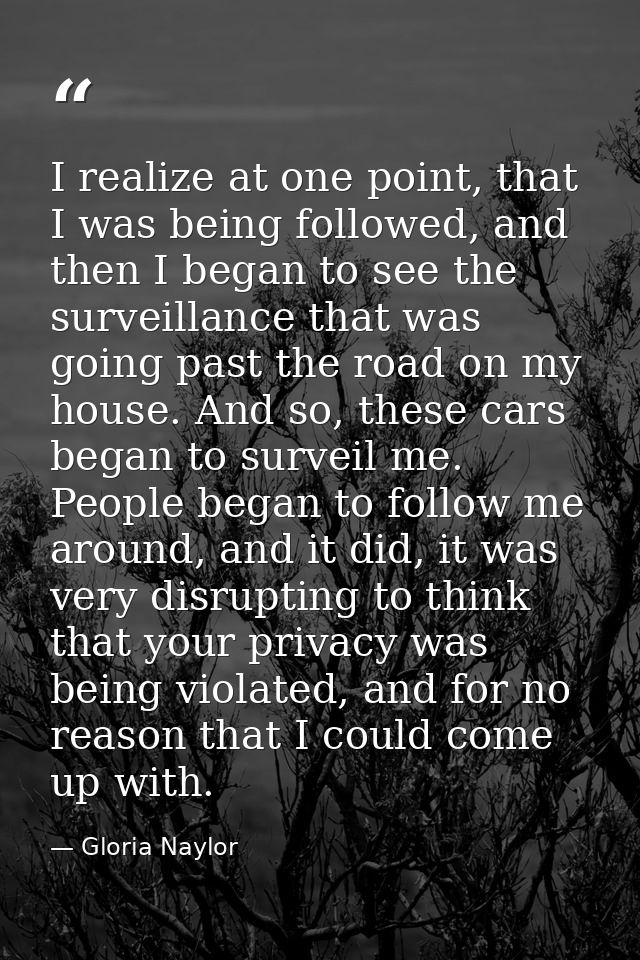 I realize at one point, that I was being followed, and then I began to see the surveillance that was going past the road — Gloria Naylor