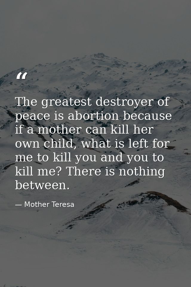 The greatest destroyer of peace is abortion because if a mother can kill her own child, what is left for me to kill you  — Mother Teresa
