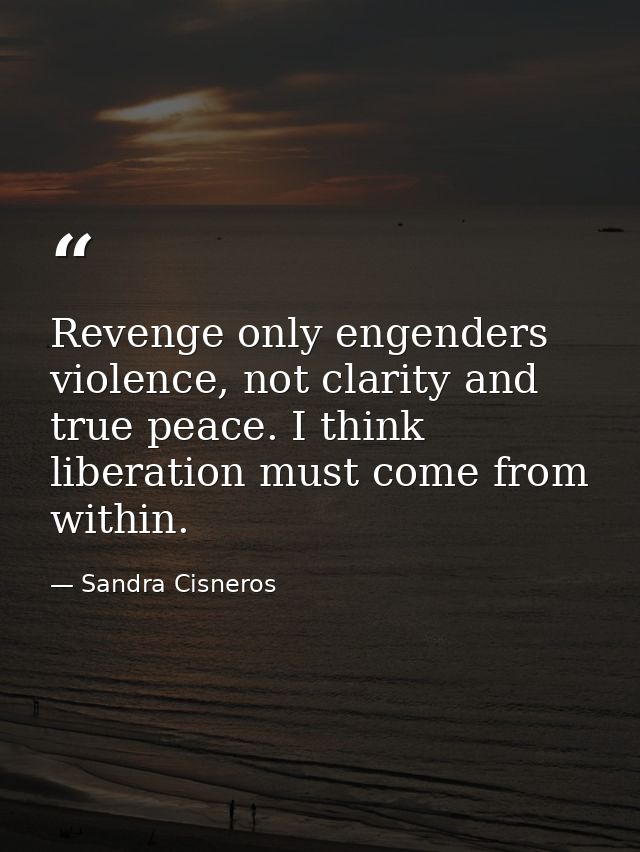 Revenge only engenders violence, not clarity and true peace. I think liberation must come from within. — Sandra Cisneros