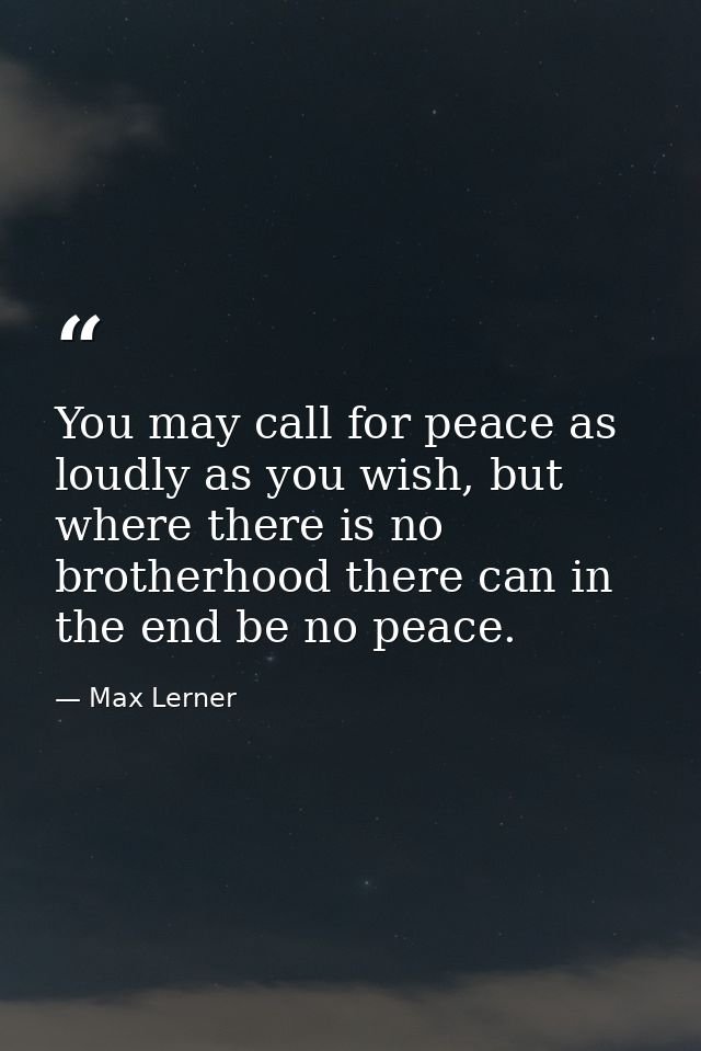 You may call for peace as loudly as you wish, but where there is no brotherhood there can in the end be no peace. — Max Lerner