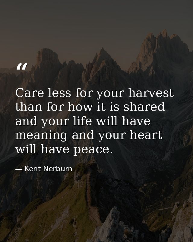 Care less for your harvest than for how it is shared and your life will have meaning and your heart will have peace. — Kent Nerburn