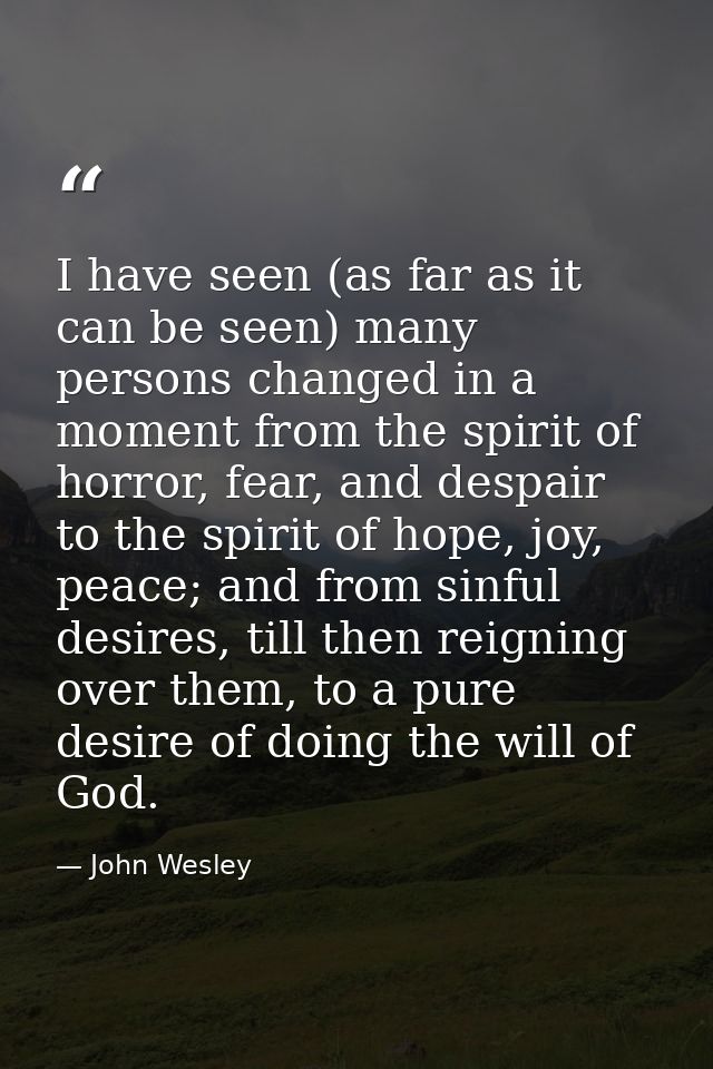 I have seen (as far as it can be seen) many persons changed in a moment from the spirit of horror, fear, and despair to  — John Wesley