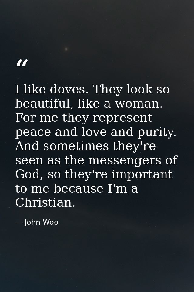 I like doves. They look so beautiful, like a woman. For me they represent peace and love and purity. And sometimes they' — John Woo