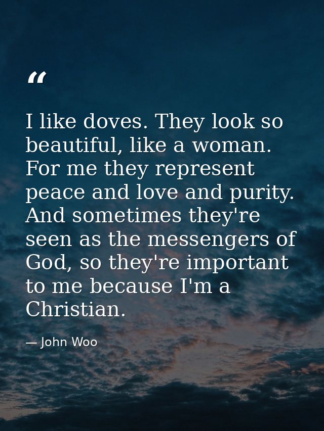I like doves. They look so beautiful, like a woman. For me they represent peace and love and purity. And sometimes they' — John Woo