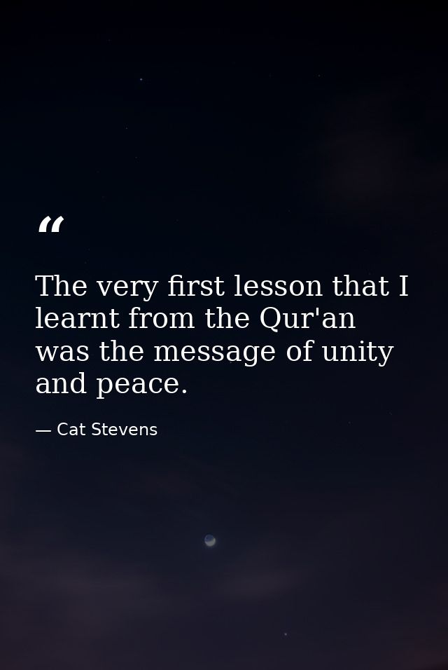 The very first lesson that I learnt from the Qur'an was the message of unity and peace. — Cat Stevens
