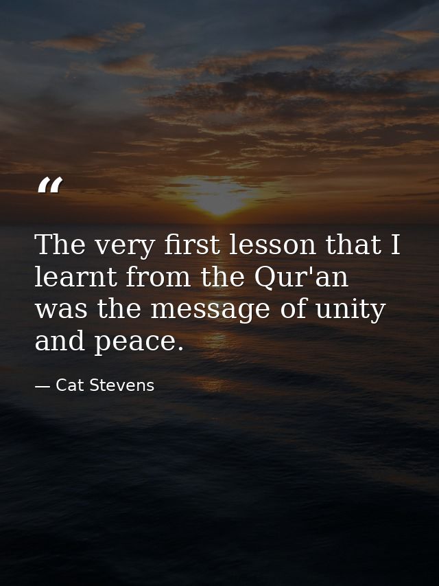 The very first lesson that I learnt from the Qur'an was the message of unity and peace. — Cat Stevens