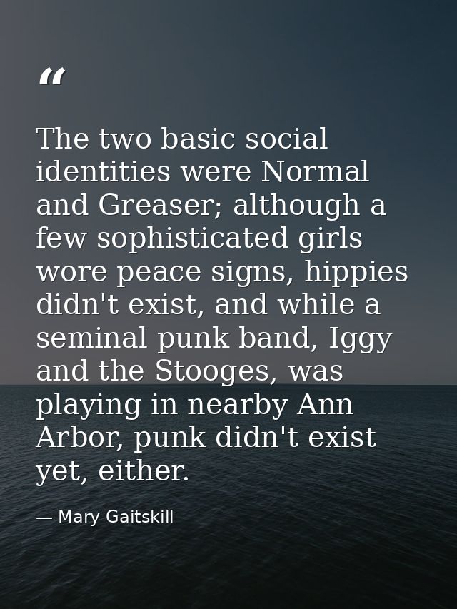The two basic social identities were Normal and Greaser; although a few sophisticated girls wore peace signs, hippies di — Mary Gaitskill