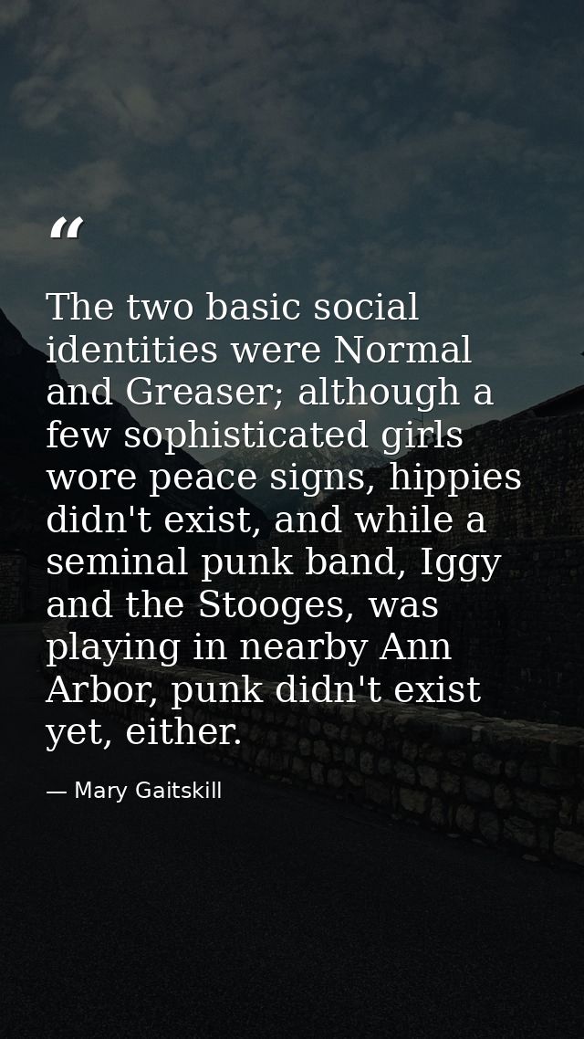 The two basic social identities were Normal and Greaser; although a few sophisticated girls wore peace signs, hippies di — Mary Gaitskill