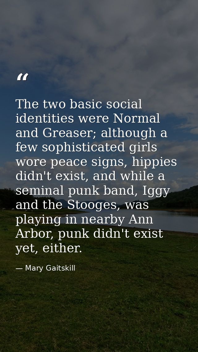 The two basic social identities were Normal and Greaser; although a few sophisticated girls wore peace signs, hippies di — Mary Gaitskill