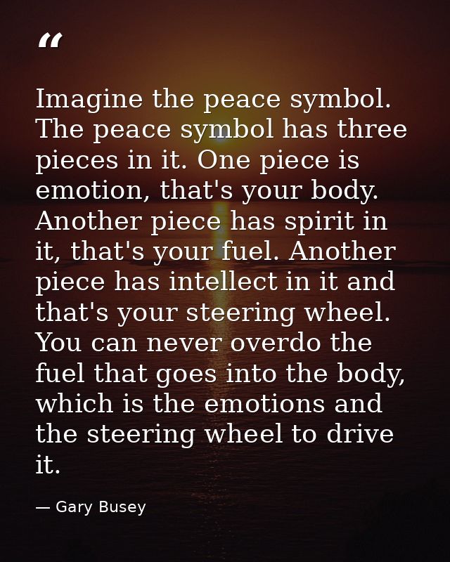 Imagine the peace symbol. The peace symbol has three pieces in it. One piece is emotion, that's your body. Another piece — Gary Busey