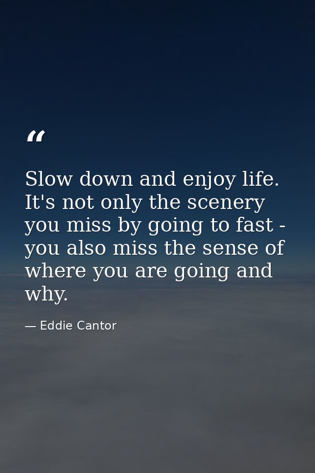 Slow down and enjoy life. It's not only the scenery you miss by going to fast - you also miss the sense of where you are — Eddie Cantor