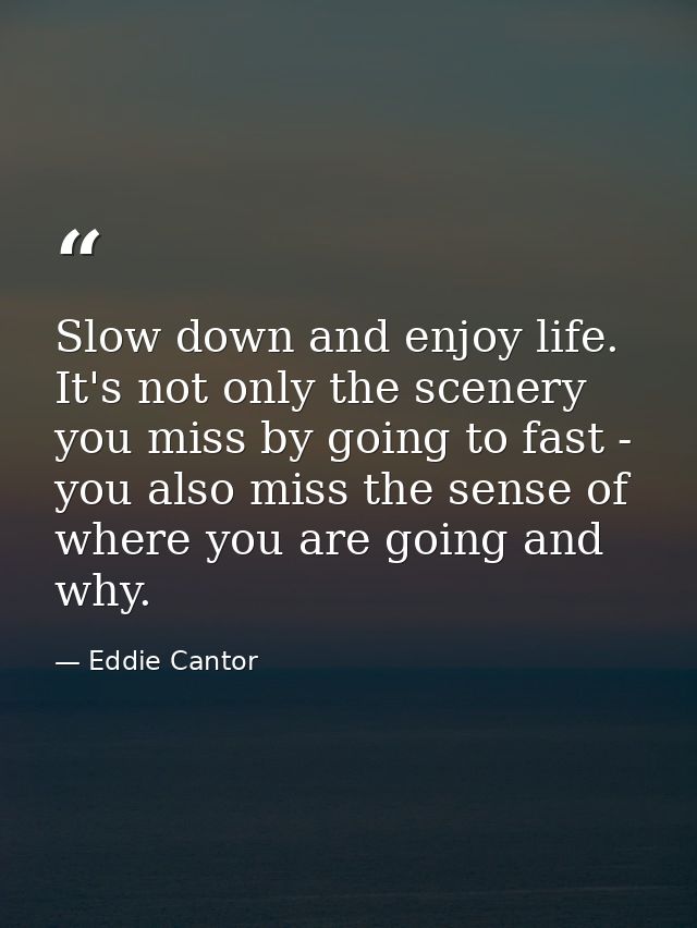 Slow down and enjoy life. It's not only the scenery you miss by going to fast - you also miss the sense of where you are — Eddie Cantor