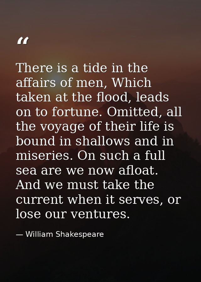 There is a tide in the affairs of men, Which taken at the flood, leads on to fortune. Omitted, all the voyage of their l — William Shakespeare