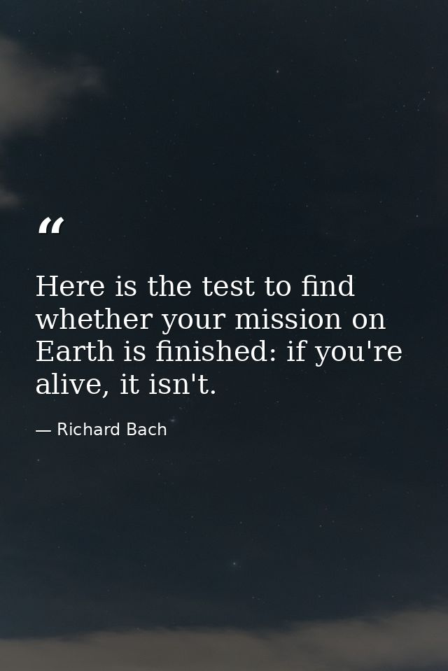 Here is the test to find whether your mission on Earth is finished: if you're alive, it isn't. — Richard Bach