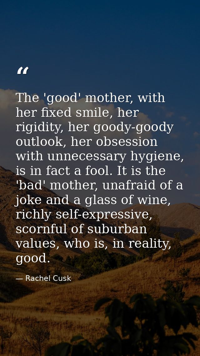 The 'good' mother, with her fixed smile, her rigidity, her goody-goody outlook, her obsession with unnecessary hygiene,  — Rachel Cusk