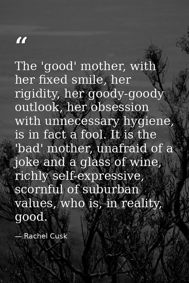 The 'good' mother, with her fixed smile, her rigidity, her goody-goody outlook, her obsession with unnecessary hygiene,  — Rachel Cusk