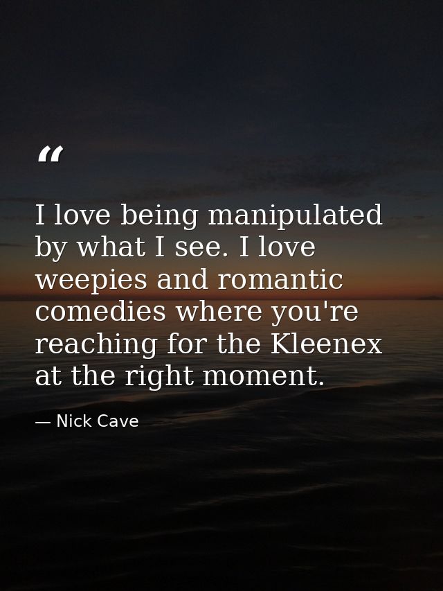 I love being manipulated by what I see. I love weepies and romantic comedies where you're reaching for the Kleenex at th — Nick Cave