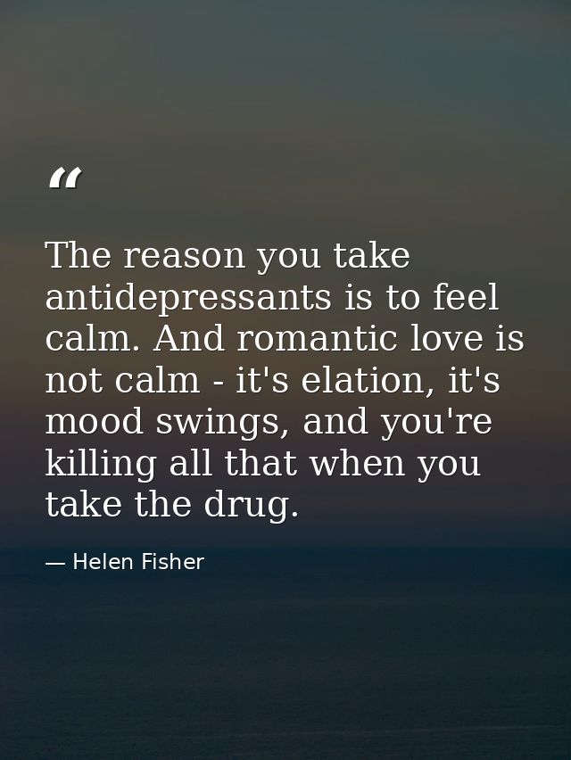 The reason you take antidepressants is to feel calm. And romantic love is not calm - it's elation, it's mood swings, and — Helen Fisher