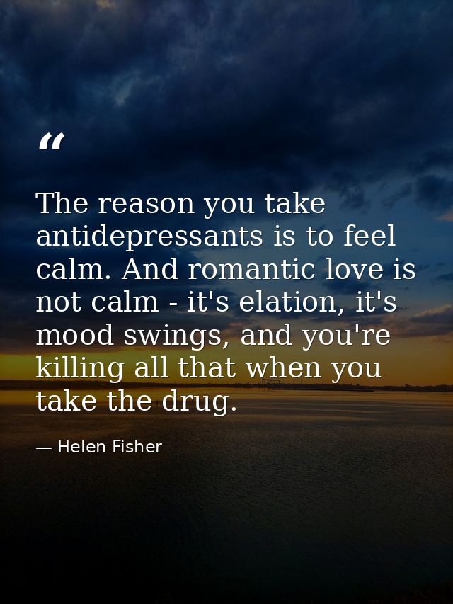 The reason you take antidepressants is to feel calm. And romantic love is not calm - it's elation, it's mood swings, and — Helen Fisher