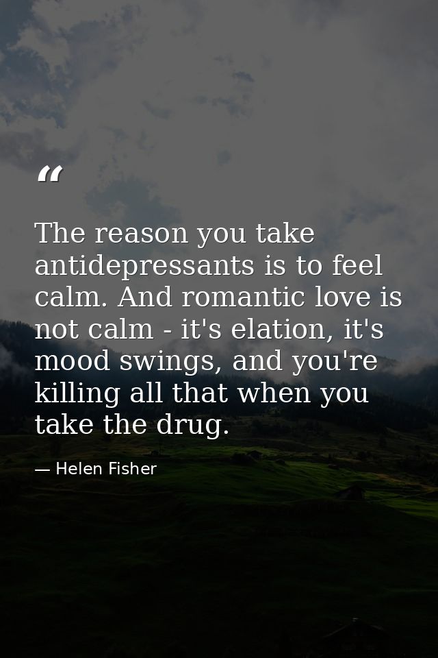 The reason you take antidepressants is to feel calm. And romantic love is not calm - it's elation, it's mood swings, and — Helen Fisher