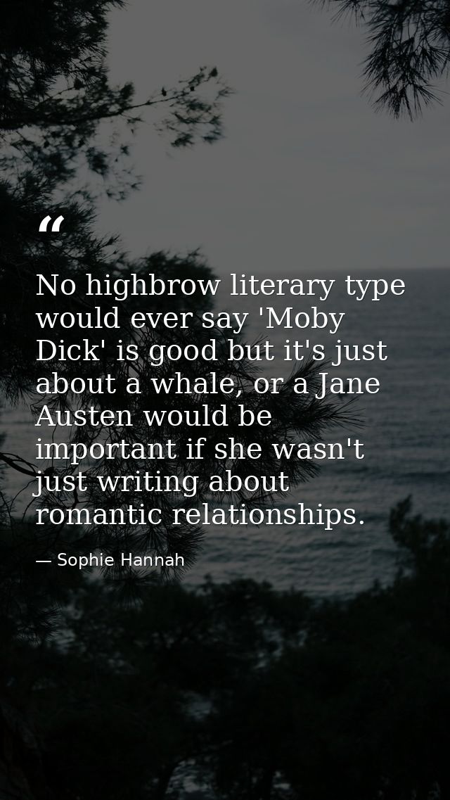 No highbrow literary type would ever say 'Moby Dick' is good but it's just about a whale, or a Jane Austen would be impo — Sophie Hannah