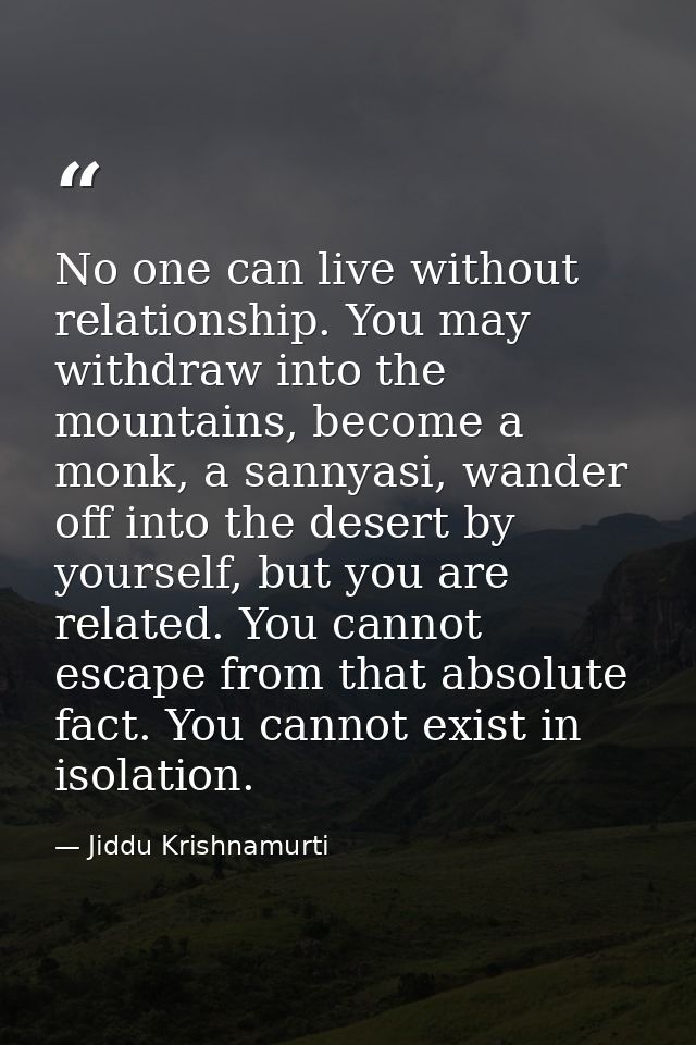 No one can live without relationship. You may withdraw into the mountains, become a monk, a sannyasi, wander off into th — Jiddu Krishnamurti
