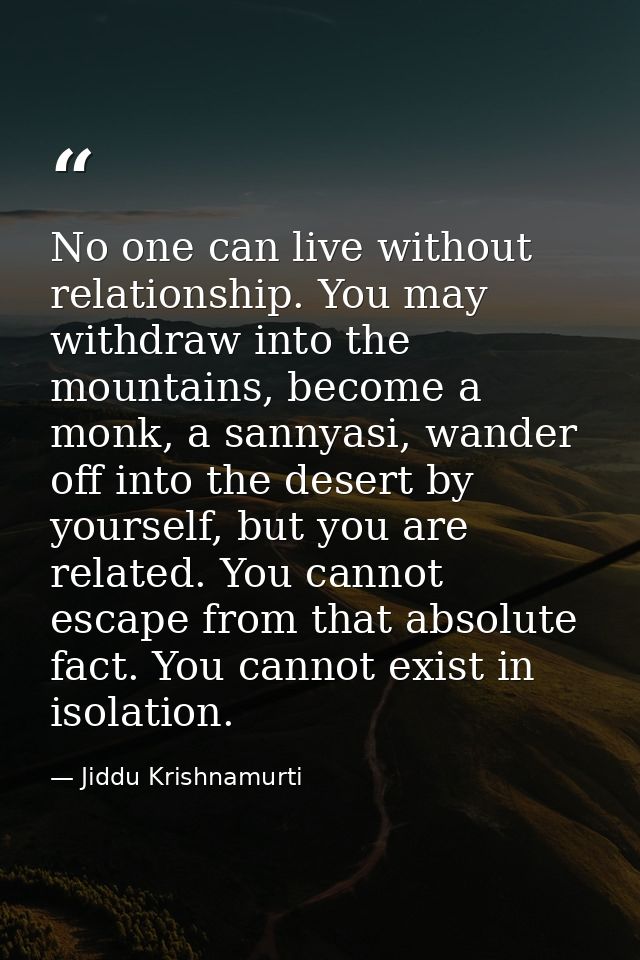 No one can live without relationship. You may withdraw into the mountains, become a monk, a sannyasi, wander off into th — Jiddu Krishnamurti