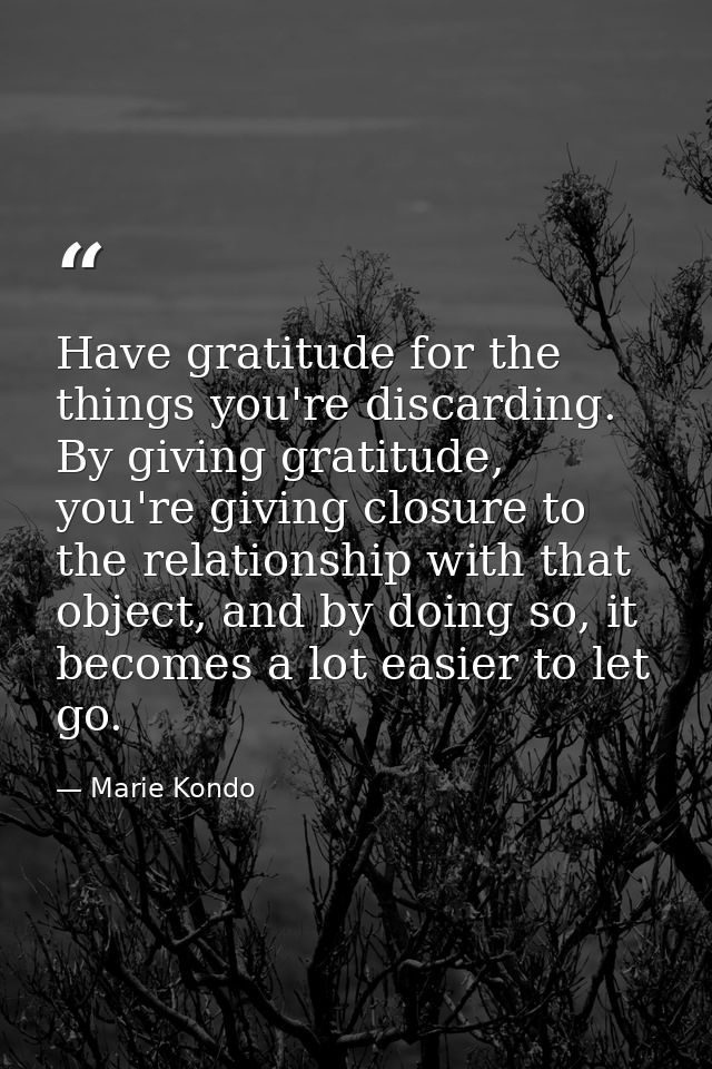 Have gratitude for the things you're discarding. By giving gratitude, you're giving closure to the relationship with tha — Marie Kondo