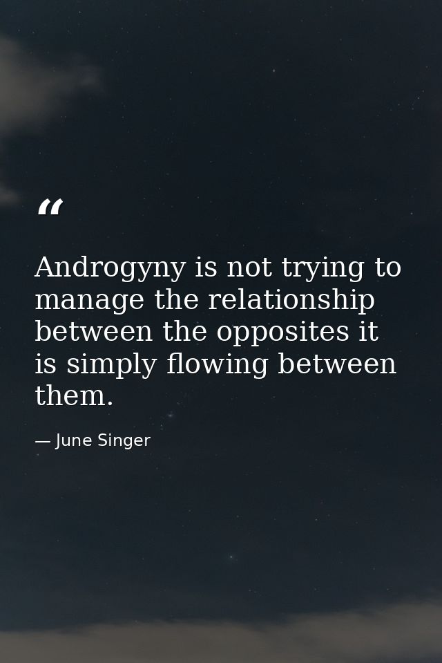 Androgyny is not trying to manage the relationship between the opposites it is simply flowing between them. — June Singer
