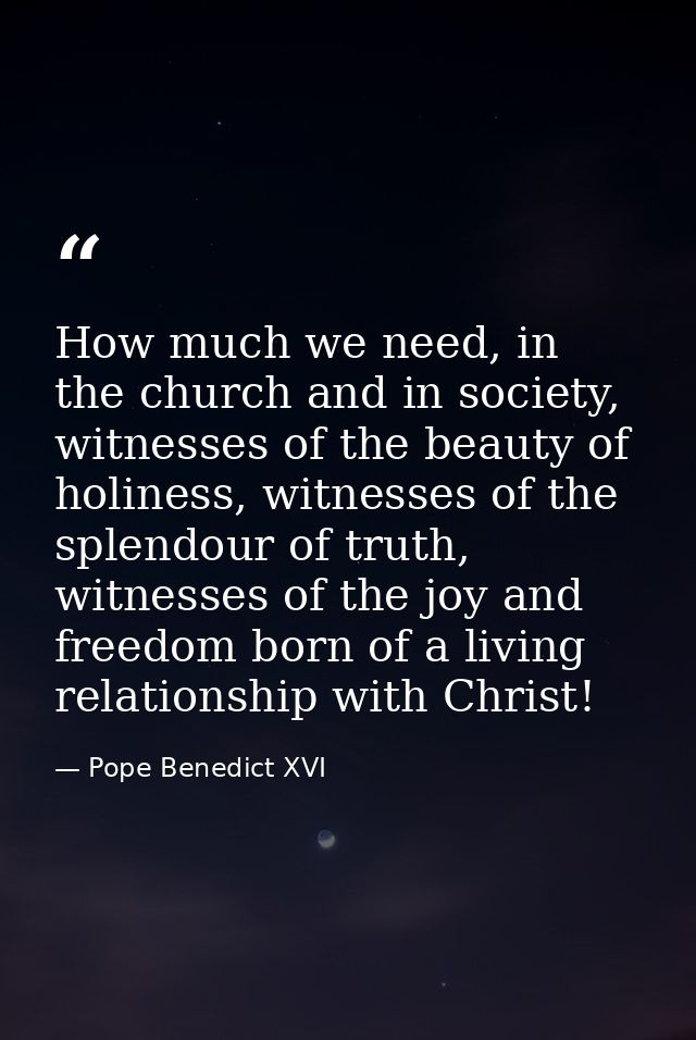 How much we need, in the church and in society, witnesses of the beauty of holiness, witnesses of the splendour of truth — Pope Benedict XVI