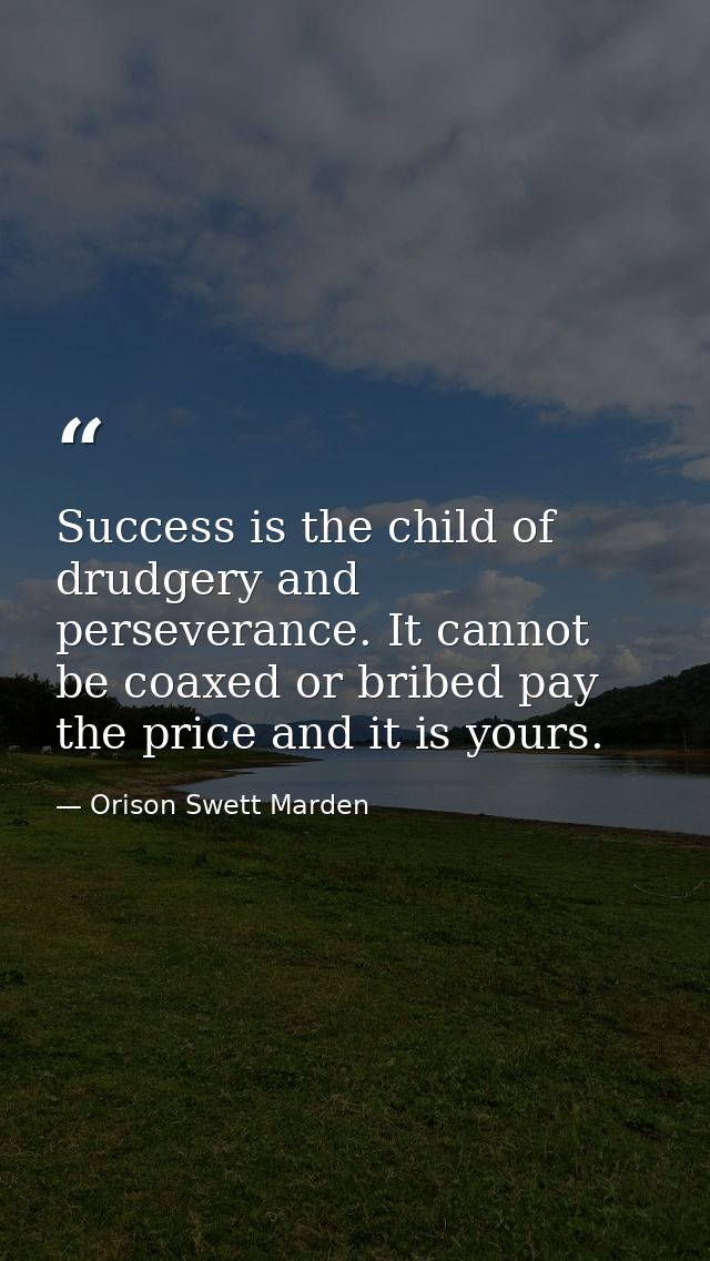 Success is the child of drudgery and perseverance. It cannot be coaxed or bribed pay the price and it is yours. — Orison Swett Marden