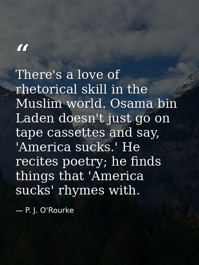 There's a love of rhetorical skill in the Muslim world. Osama bin Laden doesn't just go on tape cassettes and say, 'Amer — P. J. O'Rourke