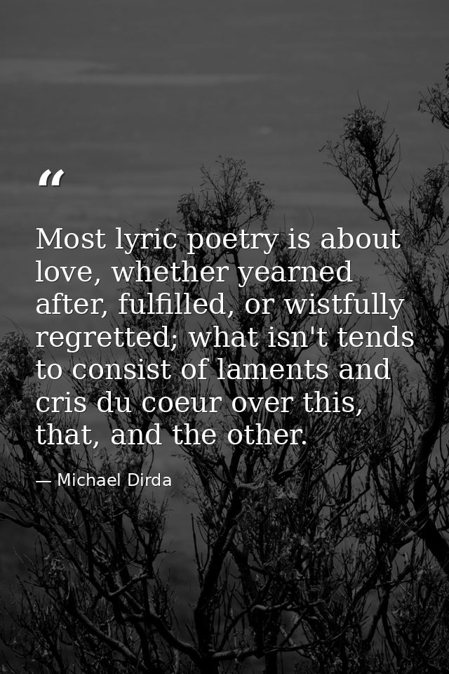 Most lyric poetry is about love, whether yearned after, fulfilled, or wistfully regretted; what isn't tends to consist o — Michael Dirda